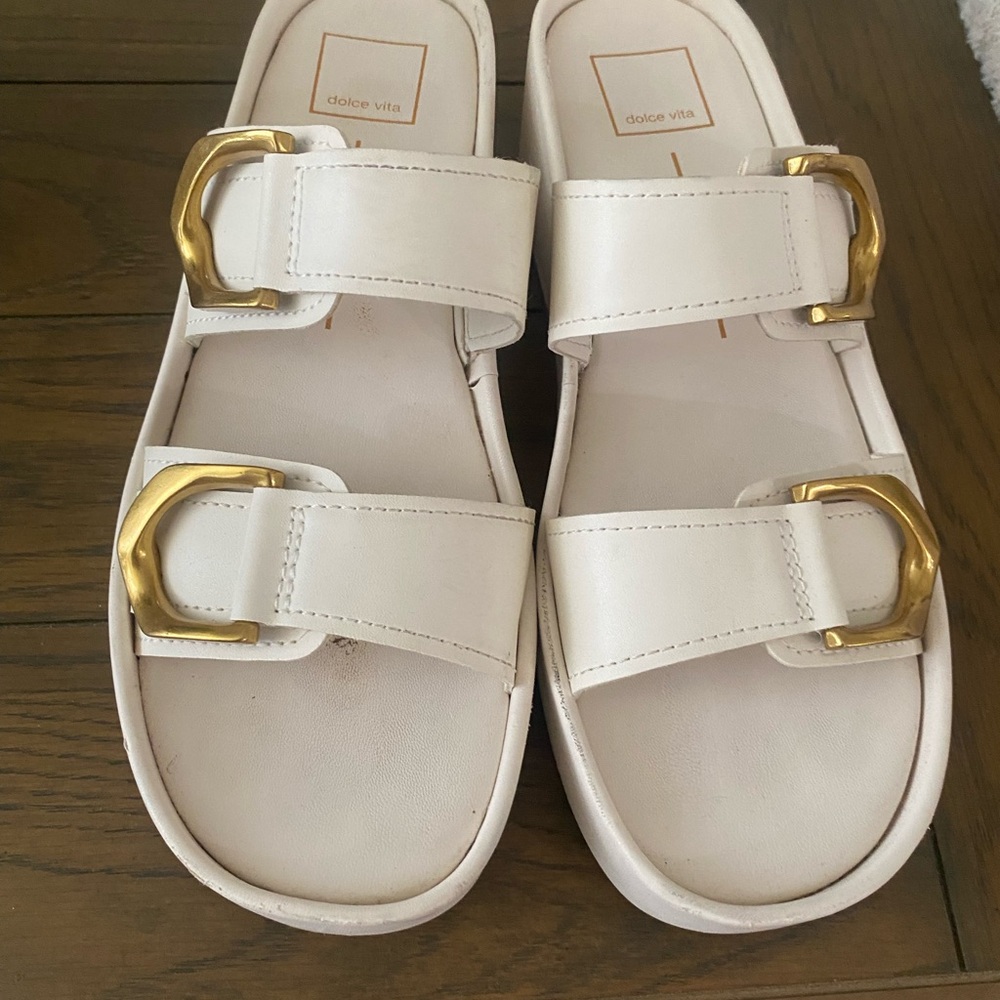 Dolce Vita Cream Leather Dual-Strap Sandals with Gold Buckles
